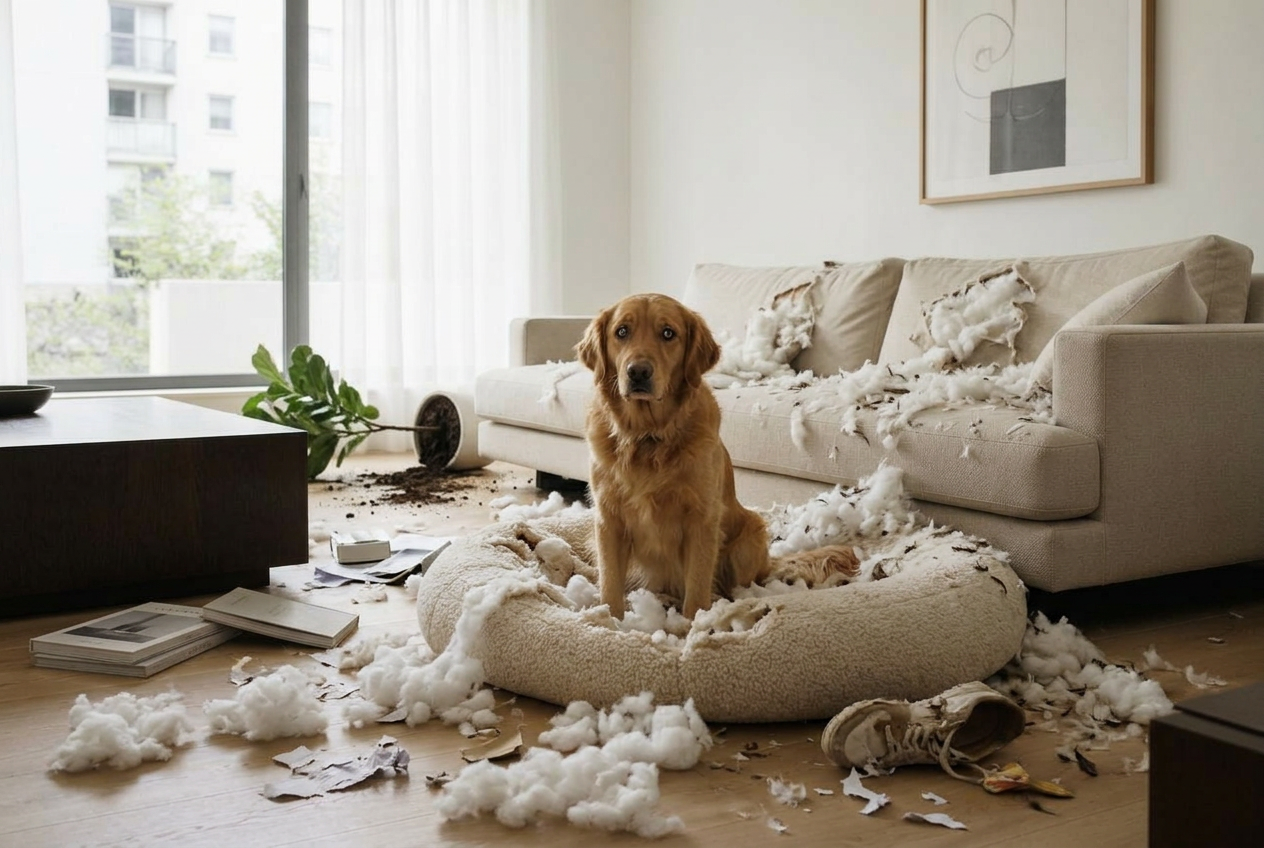 Same living room wrecked by a dog with separation anxiety, day 1